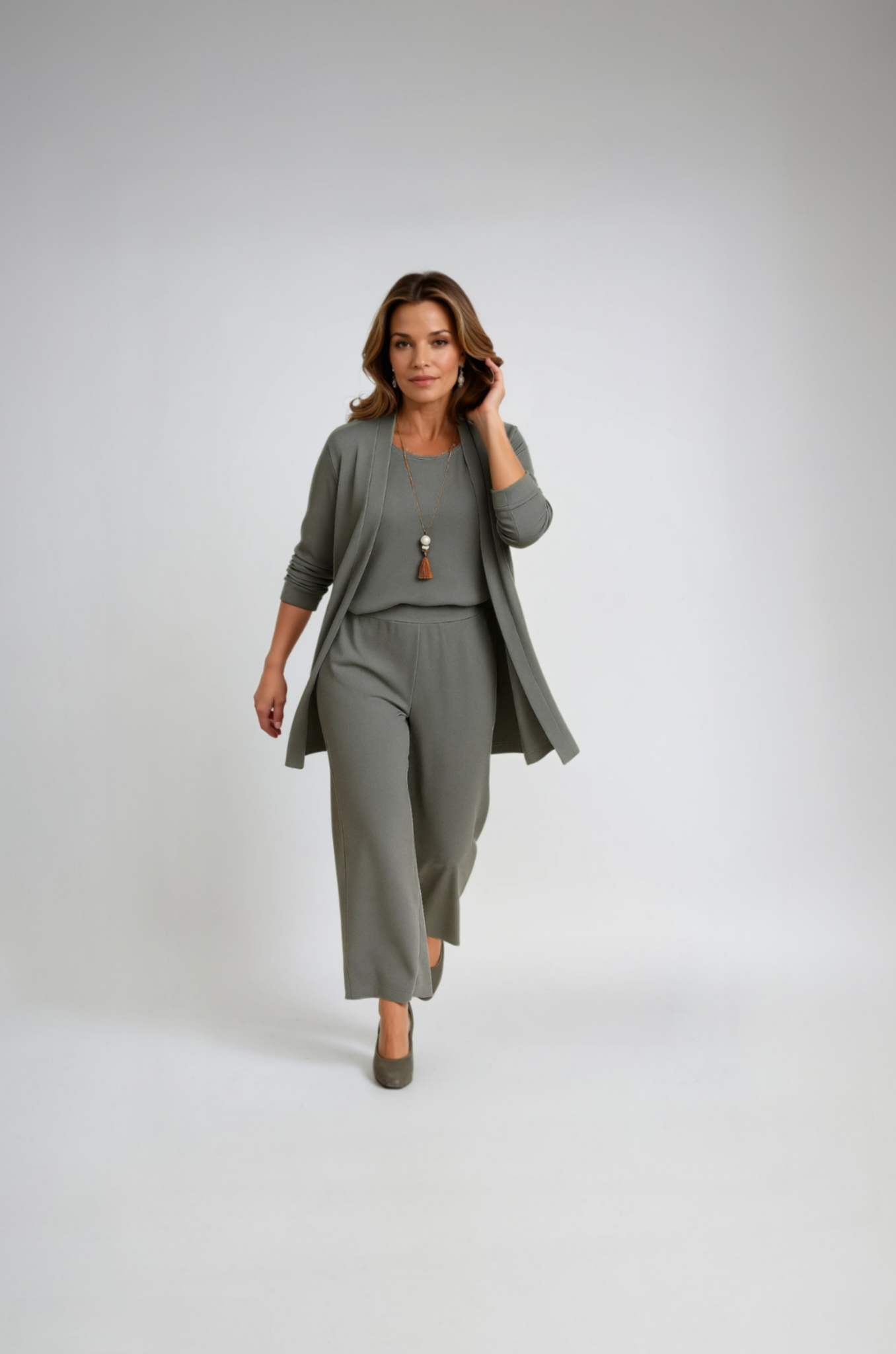 Sofia | 3-teiliges Luxus-Set mit Mantel, Top & Weitbeinhose