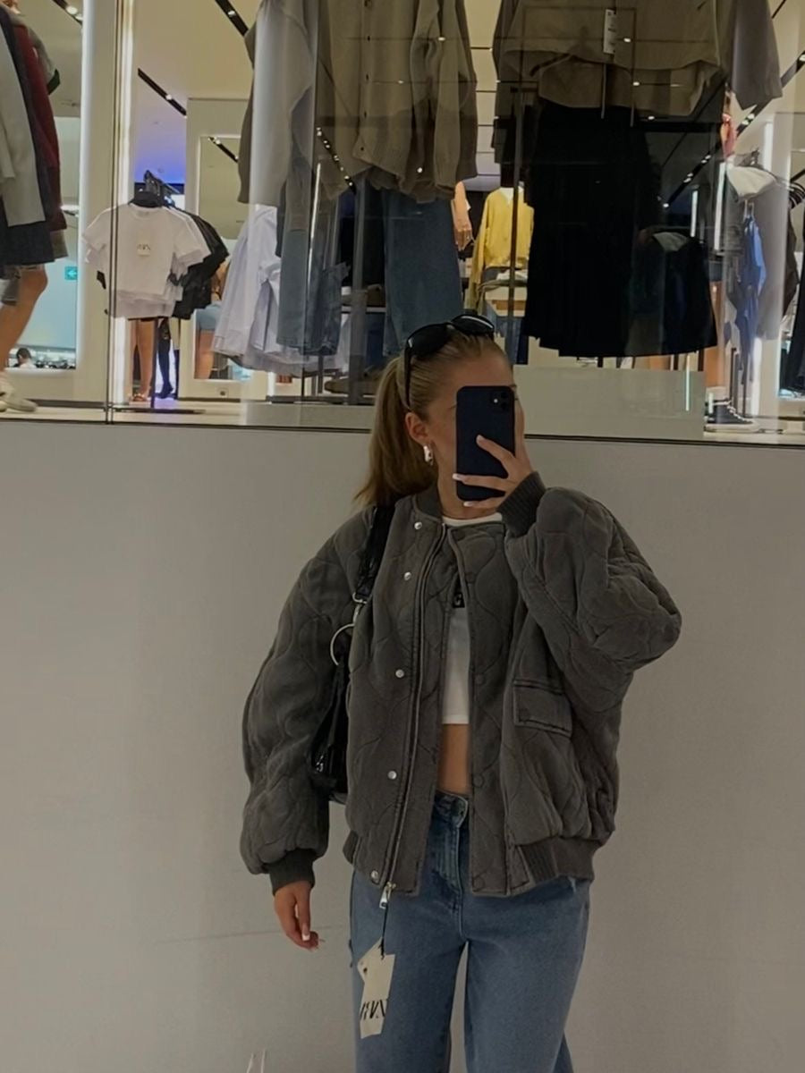Maxime | Gepolsterte Oversized Bomberjacke in Vintage-Grau