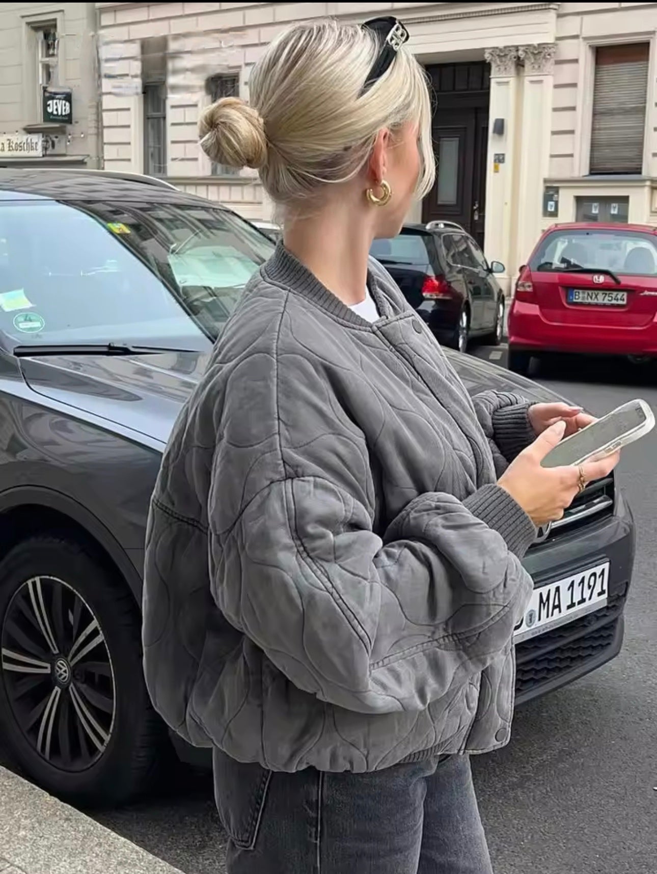 Maxime | Gepolsterte Oversized Bomberjacke in Vintage-Grau