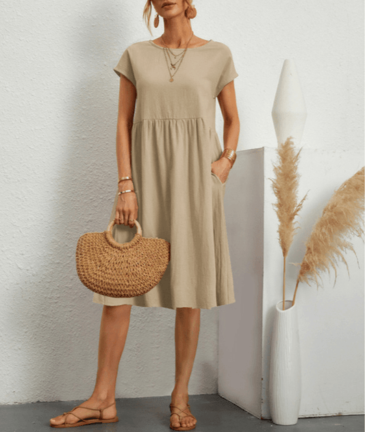 Antonia | Damen Baumwoll-Leinen Midi-Kleid