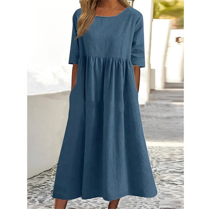 Ella | Atmungsaktives Baumwoll-Leinen Midi-Kleid