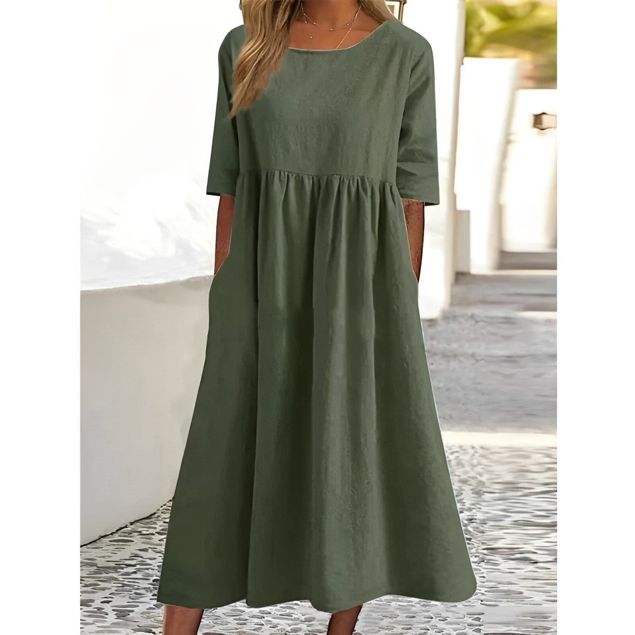 Ella | Atmungsaktives Baumwoll-Leinen Midi-Kleid