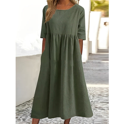Ella | Atmungsaktives Baumwoll-Leinen Midi-Kleid