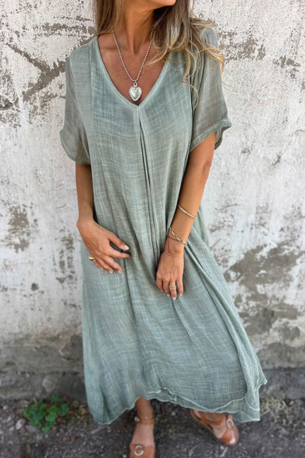 Melanie | Leinen V-Ausschnitt Midi-Kleid