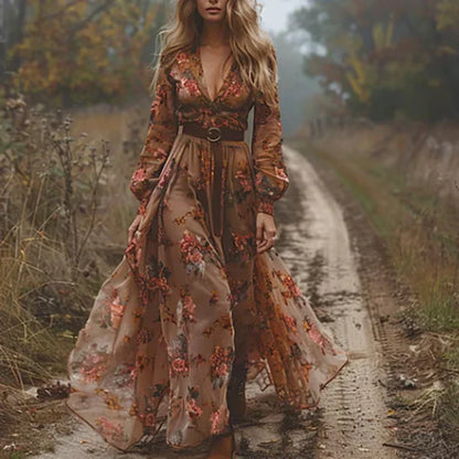 Klara | Boho Maxikleid Iricka mit tiefem V-Ausschnitt und romantischem Flair