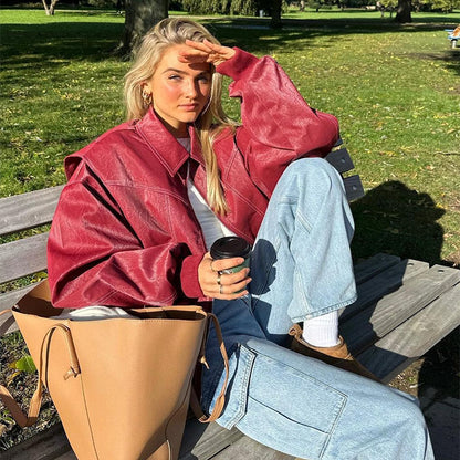 Liv | Oversized Burgundy Lederjacke