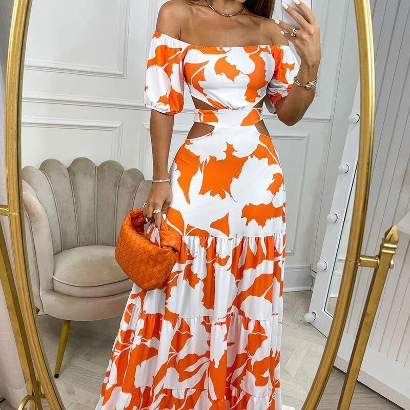 Livia | Schulterfreies Maxikleid mit Tropical-Cut-Out-Design
